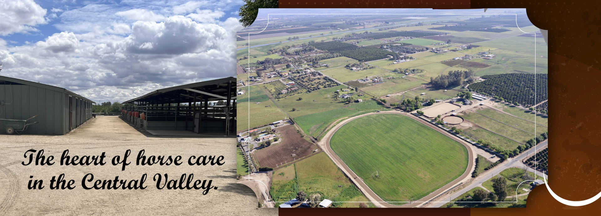 High-angle aerial view of The Cole Ranch facility in the Central Valley, featuring the 5/8th mile exercise track, green training pastures, and professional horse boarding stables under a bright blue sky.